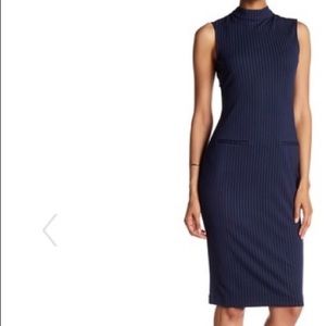 Sharagano Pinstripe Mock Neck Dress (Navy Blue)